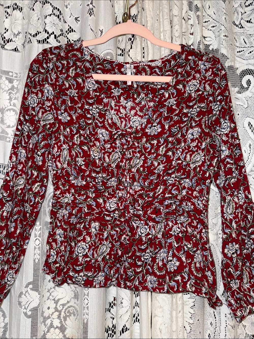 Anthropologie Red Floral Long-Sleeve Peplum Blouse